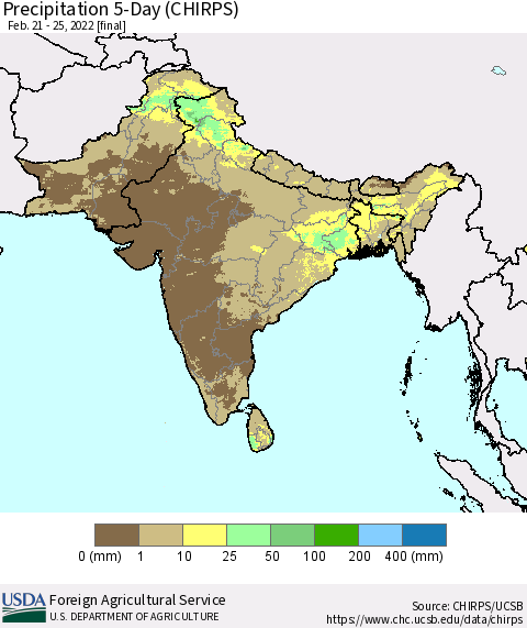 Southern Asia Precipitation 5-Day (CHIRPS) Thematic Map For 2/21/2022 - 2/25/2022