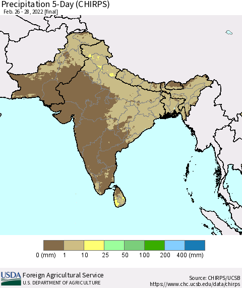Southern Asia Precipitation 5-Day (CHIRPS) Thematic Map For 2/26/2022 - 2/28/2022