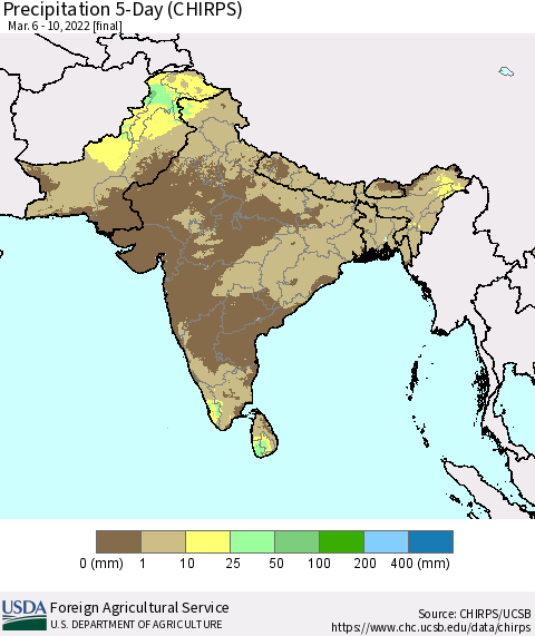 Southern Asia Precipitation 5-Day (CHIRPS) Thematic Map For 3/6/2022 - 3/10/2022