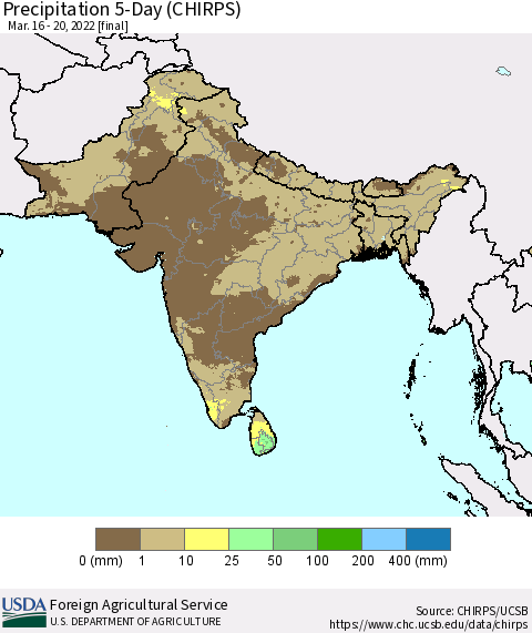 Southern Asia Precipitation 5-Day (CHIRPS) Thematic Map For 3/16/2022 - 3/20/2022