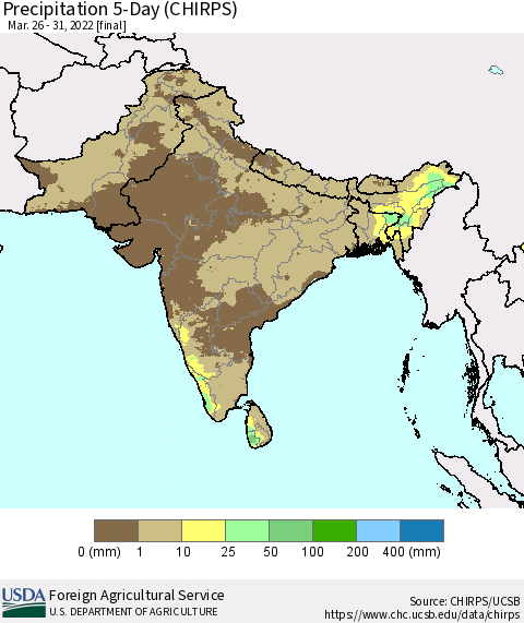 Southern Asia Precipitation 5-Day (CHIRPS) Thematic Map For 3/26/2022 - 3/31/2022