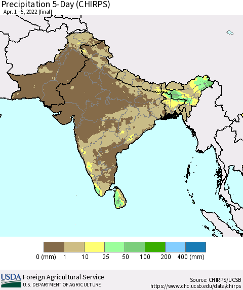 Southern Asia Precipitation 5-Day (CHIRPS) Thematic Map For 4/1/2022 - 4/5/2022
