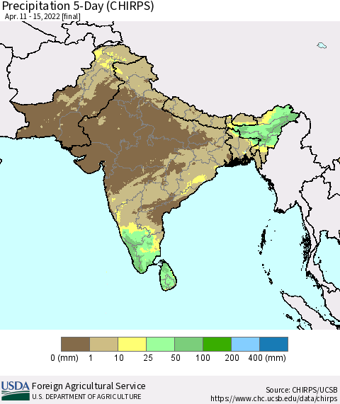 Southern Asia Precipitation 5-Day (CHIRPS) Thematic Map For 4/11/2022 - 4/15/2022