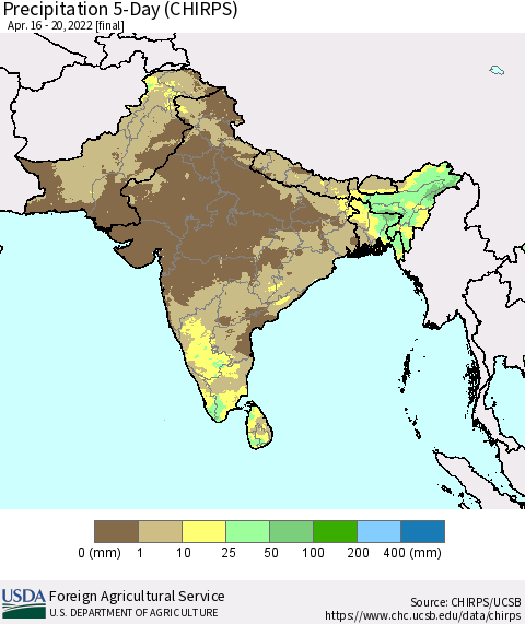 Southern Asia Precipitation 5-Day (CHIRPS) Thematic Map For 4/16/2022 - 4/20/2022