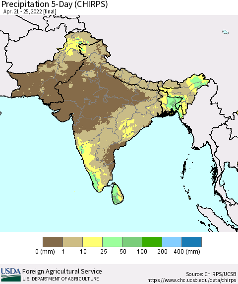 Southern Asia Precipitation 5-Day (CHIRPS) Thematic Map For 4/21/2022 - 4/25/2022