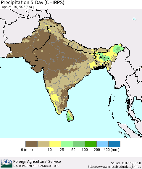 Southern Asia Precipitation 5-Day (CHIRPS) Thematic Map For 4/26/2022 - 4/30/2022