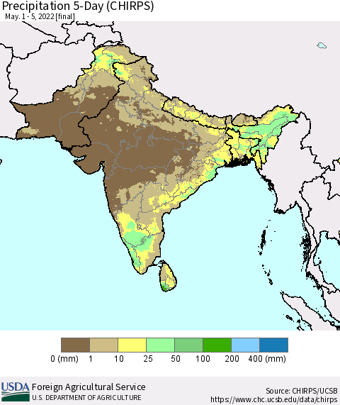 Southern Asia Precipitation 5-Day (CHIRPS) Thematic Map For 5/1/2022 - 5/5/2022