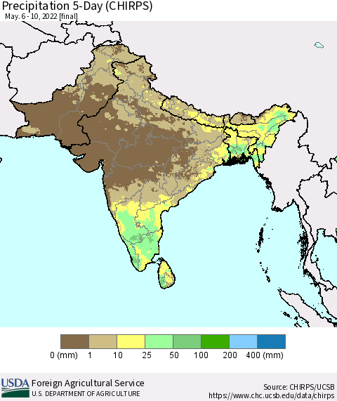 Southern Asia Precipitation 5-Day (CHIRPS) Thematic Map For 5/6/2022 - 5/10/2022