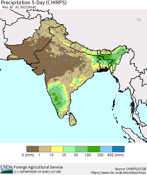 Southern Asia Precipitation 5-Day (CHIRPS) Thematic Map For 5/16/2022 - 5/20/2022