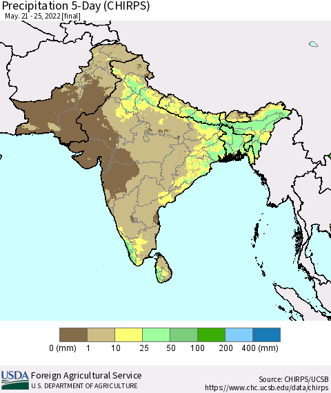 Southern Asia Precipitation 5-Day (CHIRPS) Thematic Map For 5/21/2022 - 5/25/2022