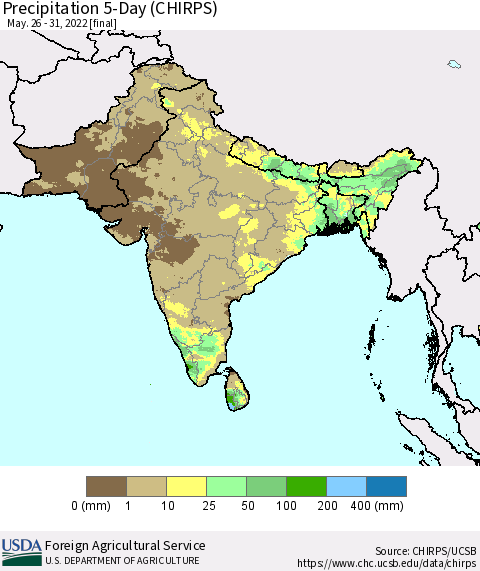 Southern Asia Precipitation 5-Day (CHIRPS) Thematic Map For 5/26/2022 - 5/31/2022
