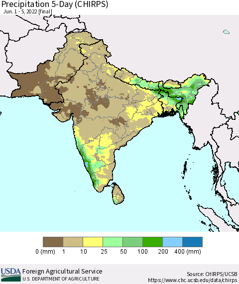 Southern Asia Precipitation 5-Day (CHIRPS) Thematic Map For 6/1/2022 - 6/5/2022