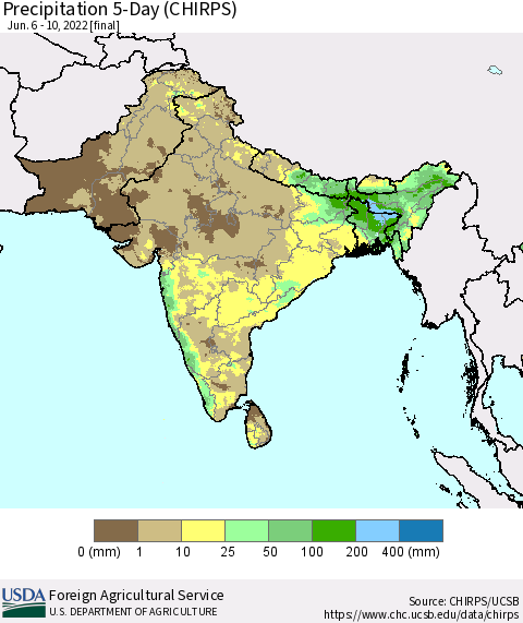Southern Asia Precipitation 5-Day (CHIRPS) Thematic Map For 6/6/2022 - 6/10/2022
