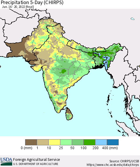 Southern Asia Precipitation 5-Day (CHIRPS) Thematic Map For 6/16/2022 - 6/20/2022