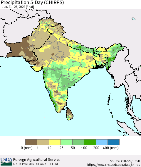 Southern Asia Precipitation 5-Day (CHIRPS) Thematic Map For 6/21/2022 - 6/25/2022