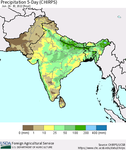 Southern Asia Precipitation 5-Day (CHIRPS) Thematic Map For 6/26/2022 - 6/30/2022