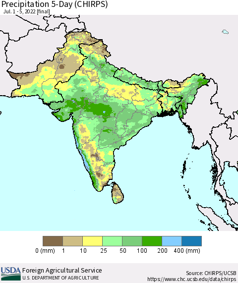 Southern Asia Precipitation 5-Day (CHIRPS) Thematic Map For 7/1/2022 - 7/5/2022