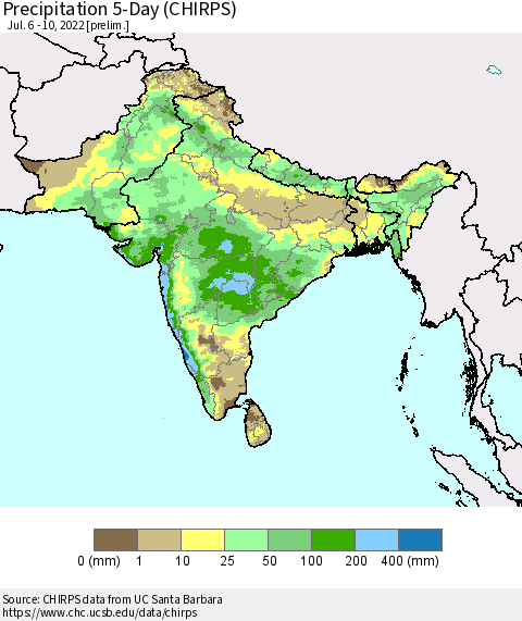 Southern Asia Precipitation 5-Day (CHIRPS) Thematic Map For 7/6/2022 - 7/10/2022