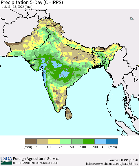 Southern Asia Precipitation 5-Day (CHIRPS) Thematic Map For 7/11/2022 - 7/15/2022