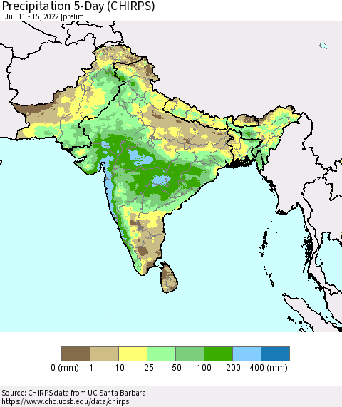 Southern Asia Precipitation 5-Day (CHIRPS) Thematic Map For 7/11/2022 - 7/15/2022