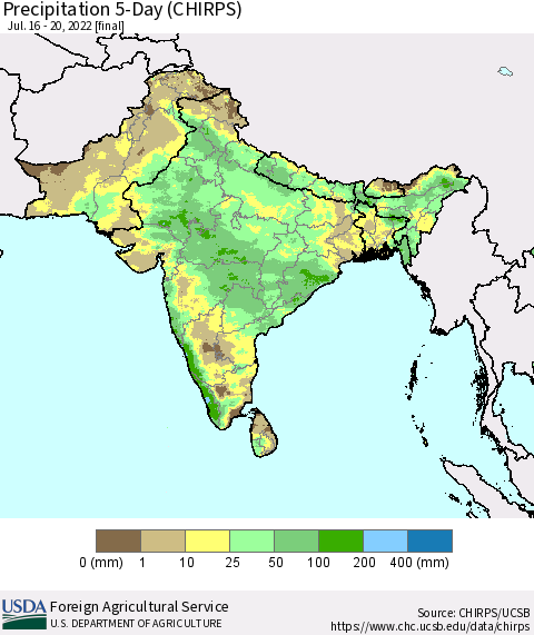 Southern Asia Precipitation 5-Day (CHIRPS) Thematic Map For 7/16/2022 - 7/20/2022