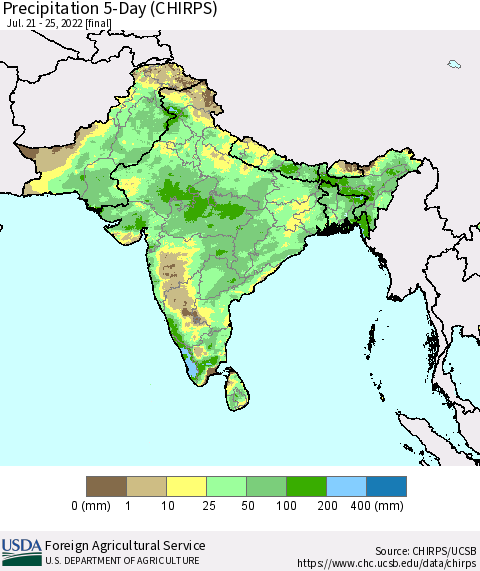 Southern Asia Precipitation 5-Day (CHIRPS) Thematic Map For 7/21/2022 - 7/25/2022
