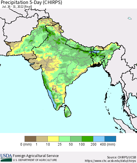 Southern Asia Precipitation 5-Day (CHIRPS) Thematic Map For 7/26/2022 - 7/31/2022
