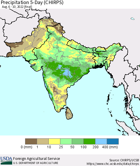Southern Asia Precipitation 5-Day (CHIRPS) Thematic Map For 8/6/2022 - 8/10/2022