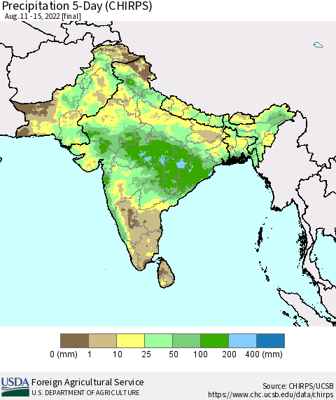 Southern Asia Precipitation 5-Day (CHIRPS) Thematic Map For 8/11/2022 - 8/15/2022