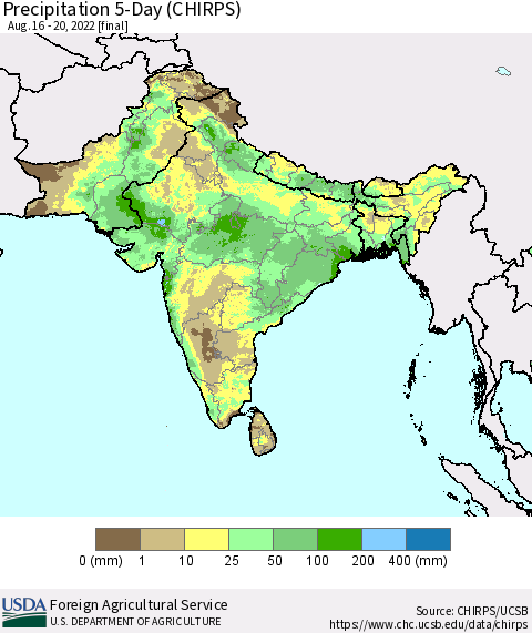 Southern Asia Precipitation 5-Day (CHIRPS) Thematic Map For 8/16/2022 - 8/20/2022