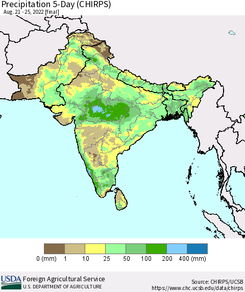 Southern Asia Precipitation 5-Day (CHIRPS) Thematic Map For 8/21/2022 - 8/25/2022