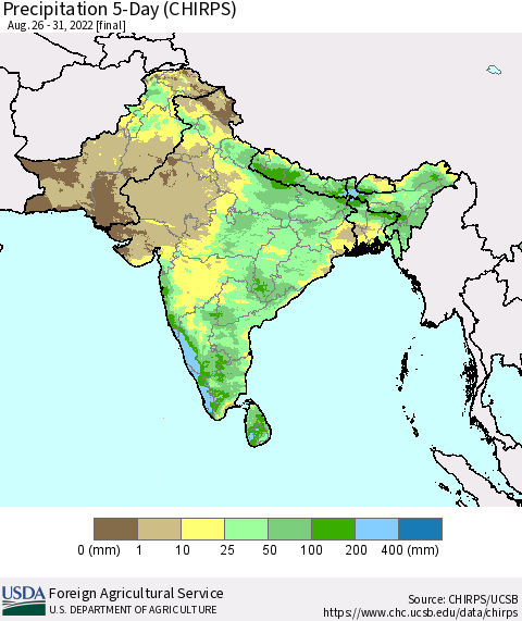 Southern Asia Precipitation 5-Day (CHIRPS) Thematic Map For 8/26/2022 - 8/31/2022