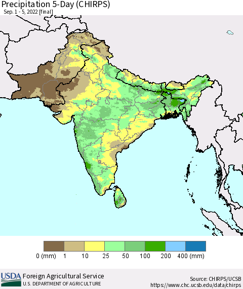 Southern Asia Precipitation 5-Day (CHIRPS) Thematic Map For 9/1/2022 - 9/5/2022