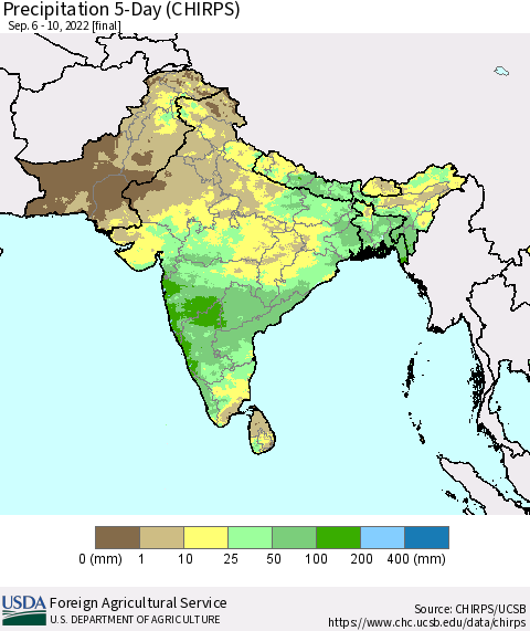 Southern Asia Precipitation 5-Day (CHIRPS) Thematic Map For 9/6/2022 - 9/10/2022