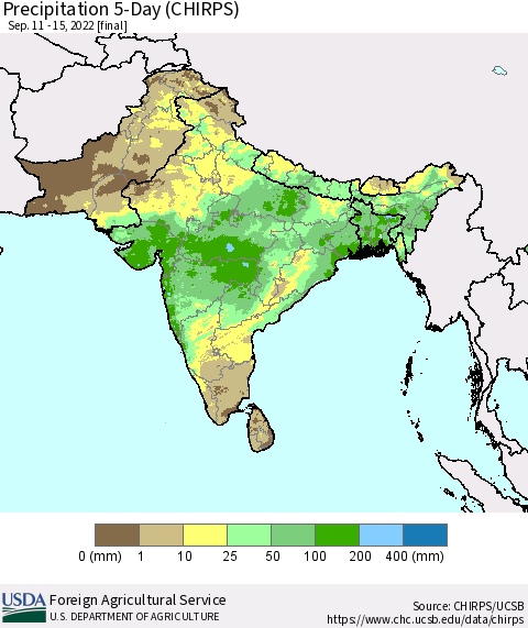 Southern Asia Precipitation 5-Day (CHIRPS) Thematic Map For 9/11/2022 - 9/15/2022