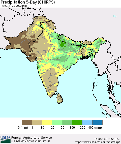 Southern Asia Precipitation 5-Day (CHIRPS) Thematic Map For 9/16/2022 - 9/20/2022