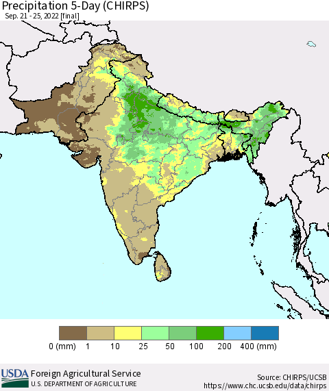 Southern Asia Precipitation 5-Day (CHIRPS) Thematic Map For 9/21/2022 - 9/25/2022