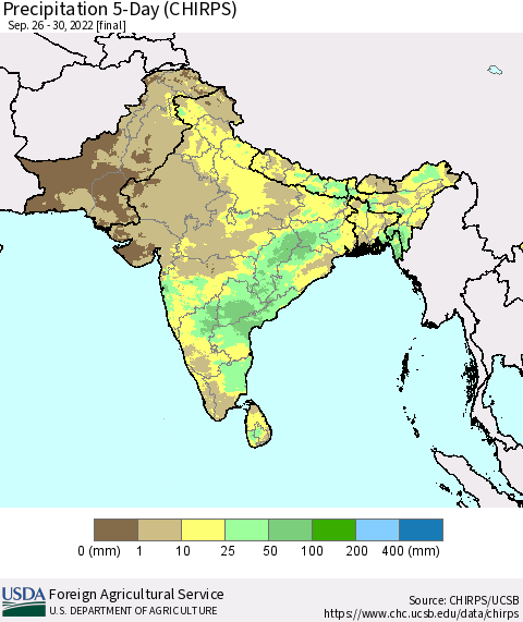 Southern Asia Precipitation 5-Day (CHIRPS) Thematic Map For 9/26/2022 - 9/30/2022