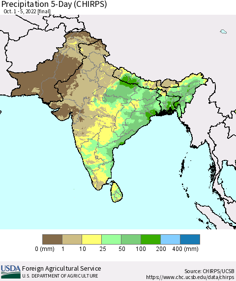 Southern Asia Precipitation 5-Day (CHIRPS) Thematic Map For 10/1/2022 - 10/5/2022