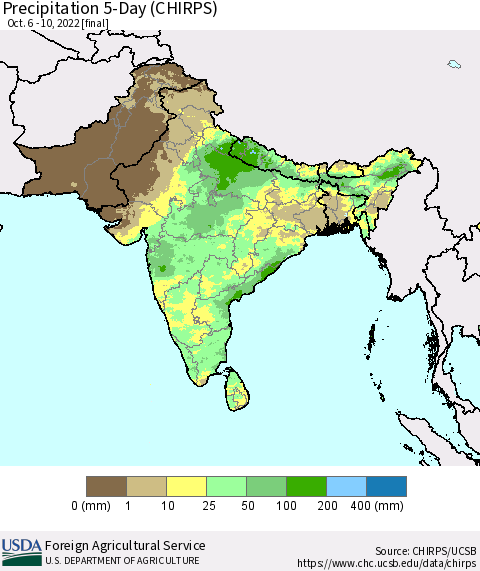 Southern Asia Precipitation 5-Day (CHIRPS) Thematic Map For 10/6/2022 - 10/10/2022