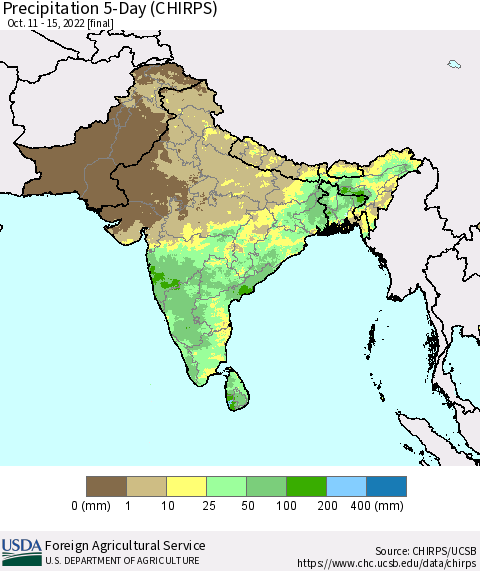 Southern Asia Precipitation 5-Day (CHIRPS) Thematic Map For 10/11/2022 - 10/15/2022