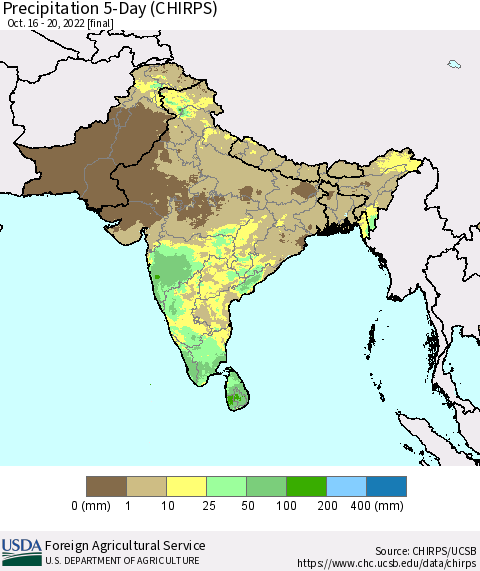 Southern Asia Precipitation 5-Day (CHIRPS) Thematic Map For 10/16/2022 - 10/20/2022