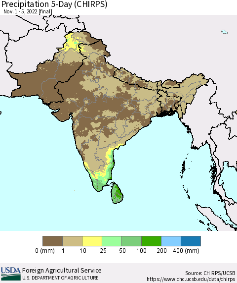 Southern Asia Precipitation 5-Day (CHIRPS) Thematic Map For 11/1/2022 - 11/5/2022