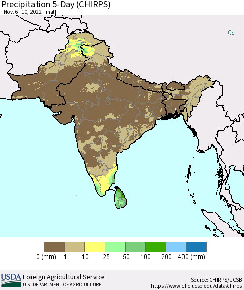 Southern Asia Precipitation 5-Day (CHIRPS) Thematic Map For 11/6/2022 - 11/10/2022