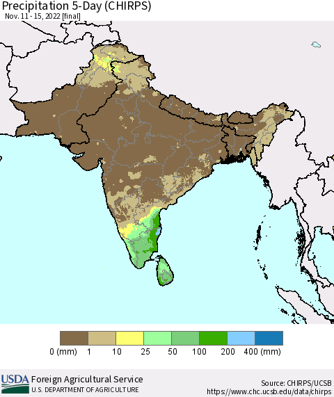 Southern Asia Precipitation 5-Day (CHIRPS) Thematic Map For 11/11/2022 - 11/15/2022