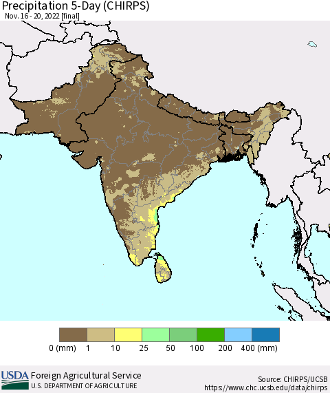 Southern Asia Precipitation 5-Day (CHIRPS) Thematic Map For 11/16/2022 - 11/20/2022