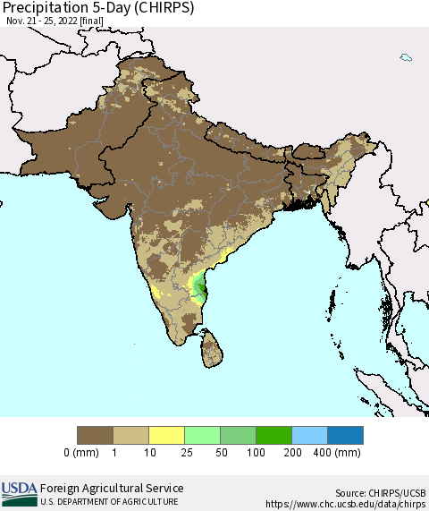 Southern Asia Precipitation 5-Day (CHIRPS) Thematic Map For 11/21/2022 - 11/25/2022
