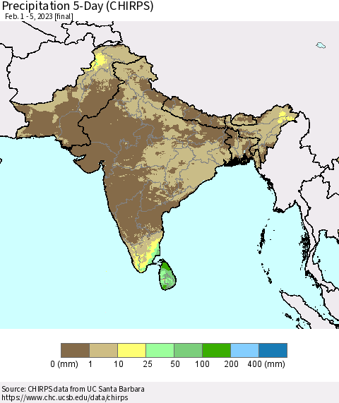 Southern Asia Precipitation 5-Day (CHIRPS) Thematic Map For 2/1/2023 - 2/5/2023