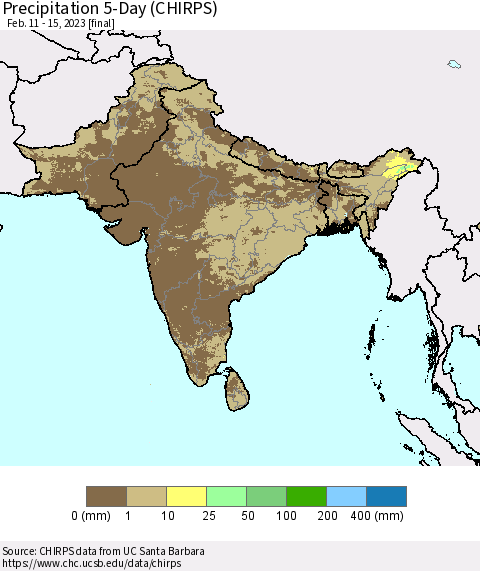 Southern Asia Precipitation 5-Day (CHIRPS) Thematic Map For 2/11/2023 - 2/15/2023