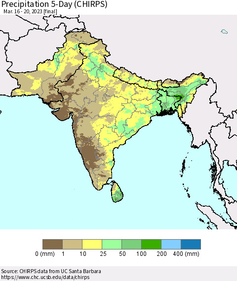 Southern Asia Precipitation 5-Day (CHIRPS) Thematic Map For 3/16/2023 - 3/20/2023